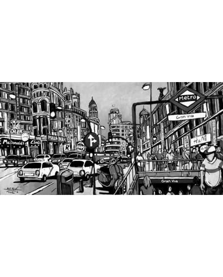 Alcala - Panoramico de la Gran Via BN - Cuadro Mural Comic. Cuadros Horizontales