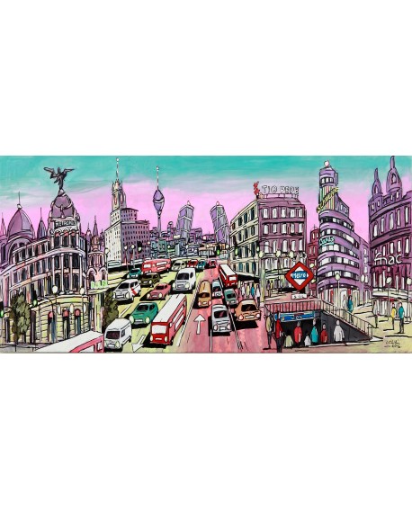 Alcalá: Cuadro Moderno Panorámico en cómic de la ciudad de Madrid. Cuadros Horizontales