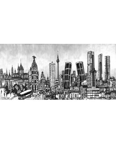 Alcalá: Cuadro panorámico sky line día, Madrid en tipo cómic Blanco y negro Cuadros Horizontales