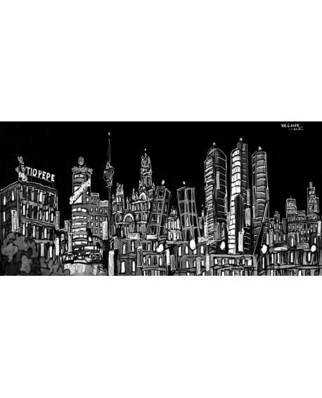 Alcalá: Cuadro panorámico sky line noche, Madrid en tipo cómic Blanco y negro Cuadros Horizontales