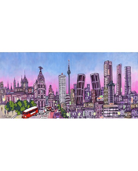 Alcalá: Cuadro panorámico sky line día de ciudad Madrid en tipo cómic Cuadros Horizontales