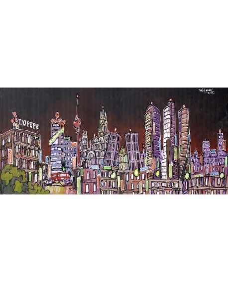 Alcalá: Cuadro panorámico sky line noche de ciudad Madrid en tipo cómic Cuadros Horizontales