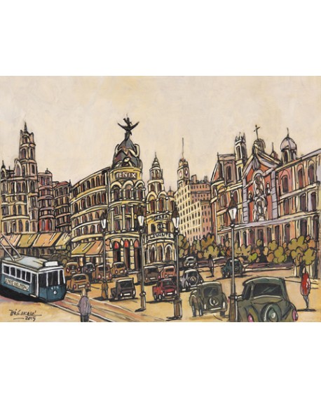 Alcalá: Cuadro de Gran Via Madrid Vintage, pintura Moderna en tono Sepia Home