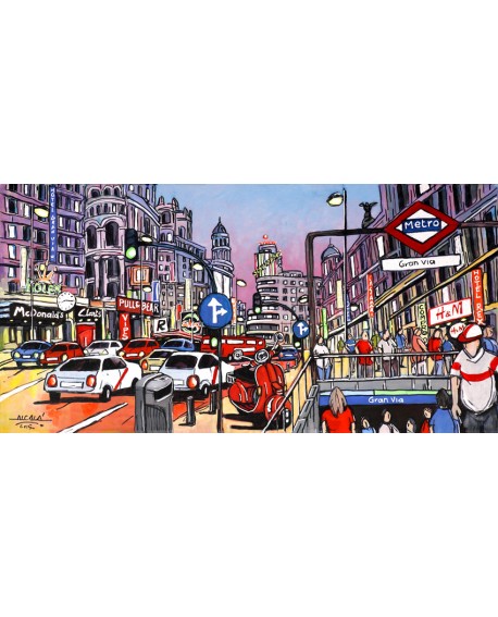 Jose Alcala - Panoramico de la Gran Via de Madrid y Metro Mural Comic Cuadros Horizontales