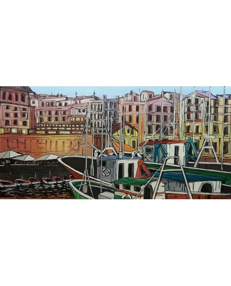 Jose Alcala Cuadro de Puerto con barcos en Guipuzcoa Cuadros Horizontales