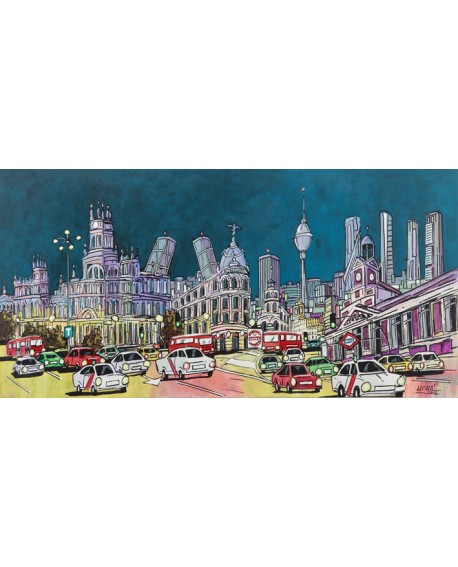 Alcalá: Collage Panorámico Sky Line de Madrid - Cuadro Moderno de estilo cómic Cuadros Horizontales