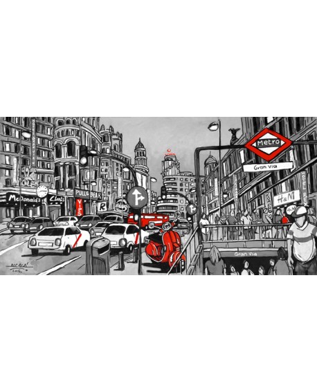 Alcalá: Cuadro Panorámico de vespa en Gran Via, blanco y negro coloreado en rojo Cuadros Horizontales