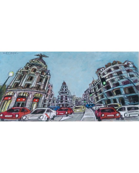 Jose Alcala - Gran Via de Madrid en OJO DE PEZ - Cuadro Mural Naif Cuadros Horizontales