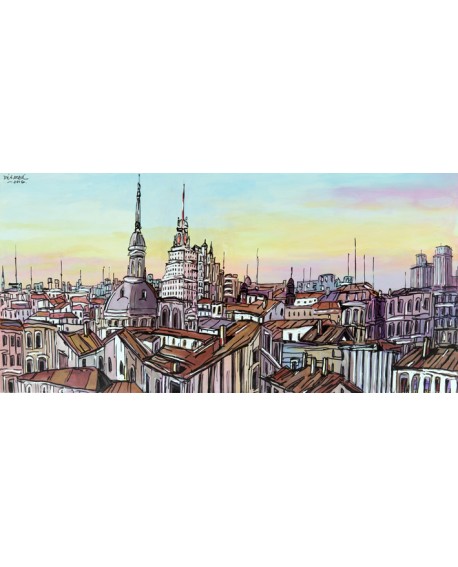 Alcalá - Tejados de Madrid con Edificios Famosos en Sky line Moderno Cuadros Horizontales