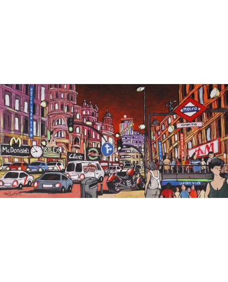 Alcalá - Panoramica de Gran Vía de Madrid con Harley Davidson. Cuadro tipo cómic Cuadros Horizontales