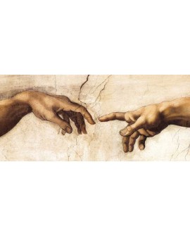 manos creacion Dios y el hombre de Miguel Angel cuadro mural en tablero