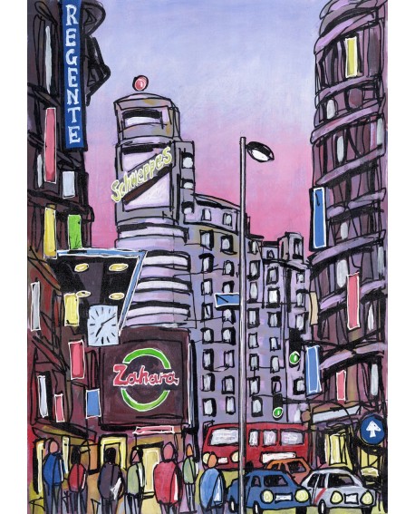 Alcala : Capitol en Gran Via. Madrid ciudad de dia. Cuadro Comic Moderno Home