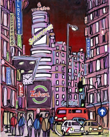 Alcala: Capitol en Gran Via. Madrid ciudad de noche. Cuadro Comic Moderno Home