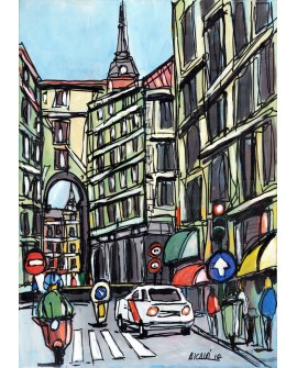 Alcala: Vespa en Calle Toledo de Madrid. Cuadro Comic Pintura Moderna Home