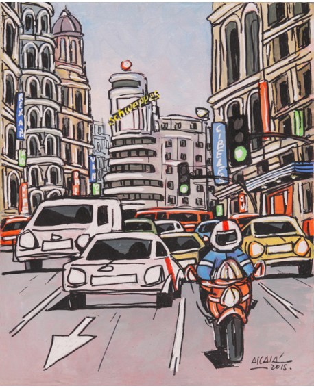 Alcala Velocidad en moto en Gran Via Pintura Naif Española pintura giclee Home