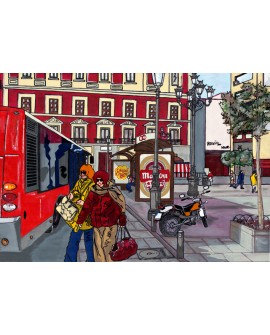 Tony Polonio La parada de autobus en calle de Madrid pintura giclee Home