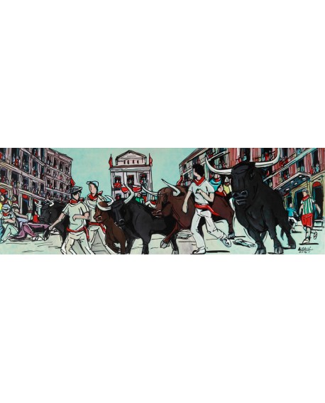 Alcala San Fermin Pamplona Pintura Naif Española pintura giclee Cuadros Horizontales