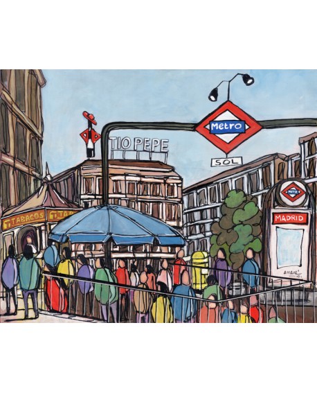 Alcala : Puerta del Sol en Madrid. Cuadro Comic. Tio Pepe y Metro Home