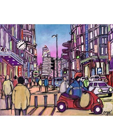 Alcala : En Vespa por Gran Via. Cuadro Comic. Capitol al Atardecer. Home