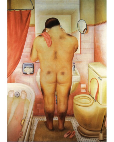 Fernando Botero cuadro naif desnudo hombre gordo en el baño Reproduccion Home