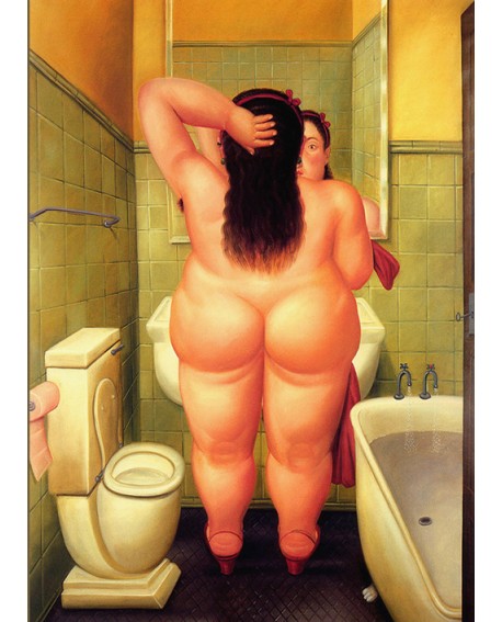 Fernando Botero cuadro naif desnudo mujer gorda en el baño Reproduccion Home