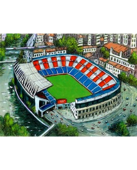 Alcala :Estadio Calderon Atletico de Madrid. Cuadro Aereo Comic.