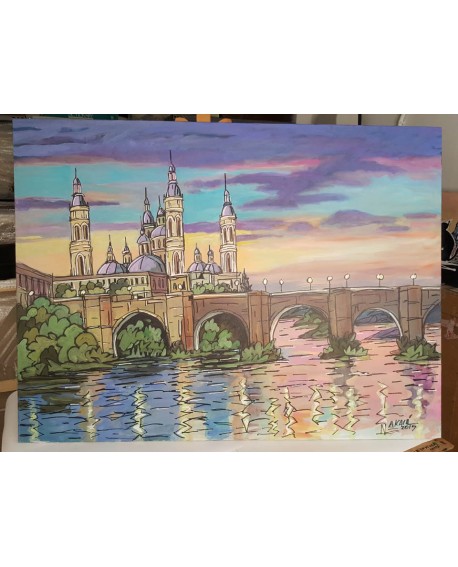 Jose Alcala el pilar de zaragoza y rio Original lienzo Pintado 129x97 Home