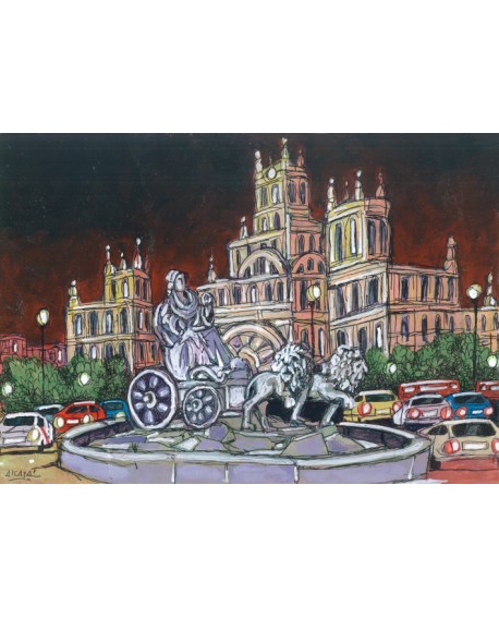 Alcala: Estatua de Cibeles de noche. Real Madrid. Cuadro Arte Comic. Home