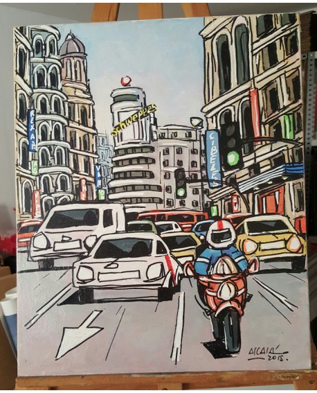 J. Alcala 60x50 velocidad en la gran via Madrid pintura Naif original Home