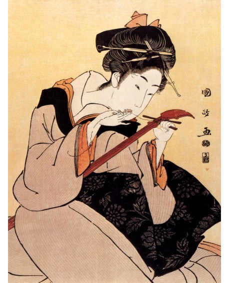 geisha japonesa tocando el arpa cuadro clasico oriental pintura vertical Home