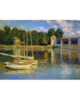 monet cuadro impresionista paisaje con puente y barco Home