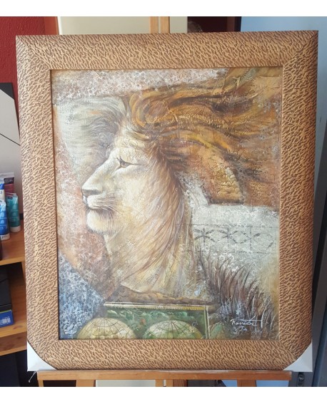 Cuadro Etnico Africano Original Oleo El Rey Leon Pintado a mano marco artesanal Home