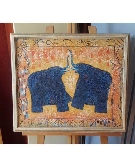 Cuadro Etnico Africano Original Oleo elefantes de la suerte Pintado a mano 65x56 cm Home